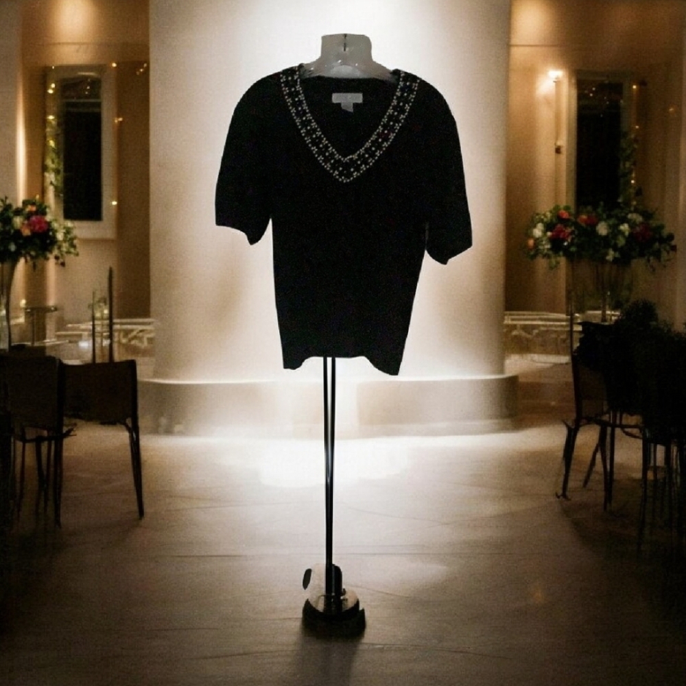 Beaded short sleeve sweater neck lined with beads & pearls S/P holiday p…
